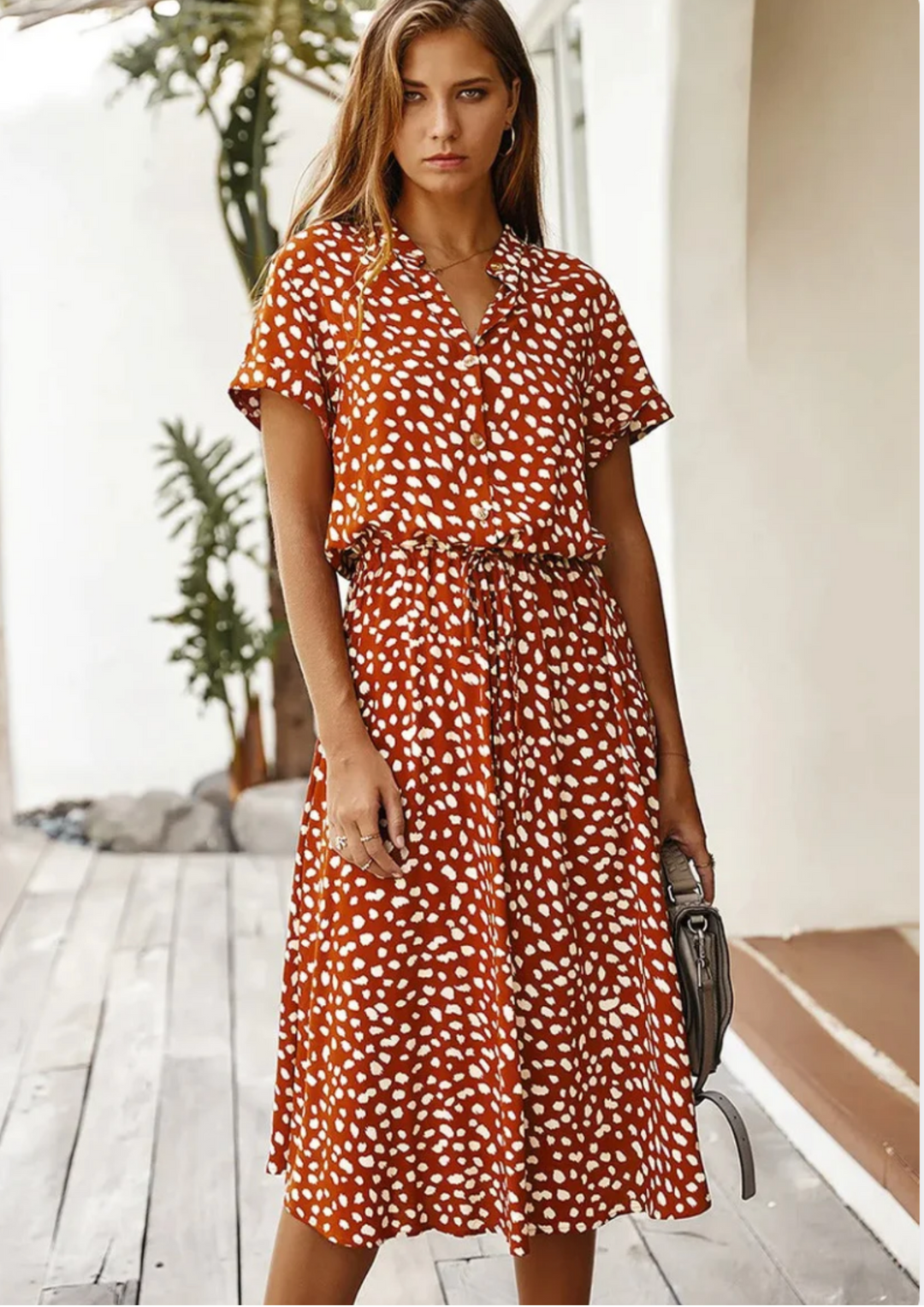 Women's Spotted Print Button-Down Midi Dress – Zalumo