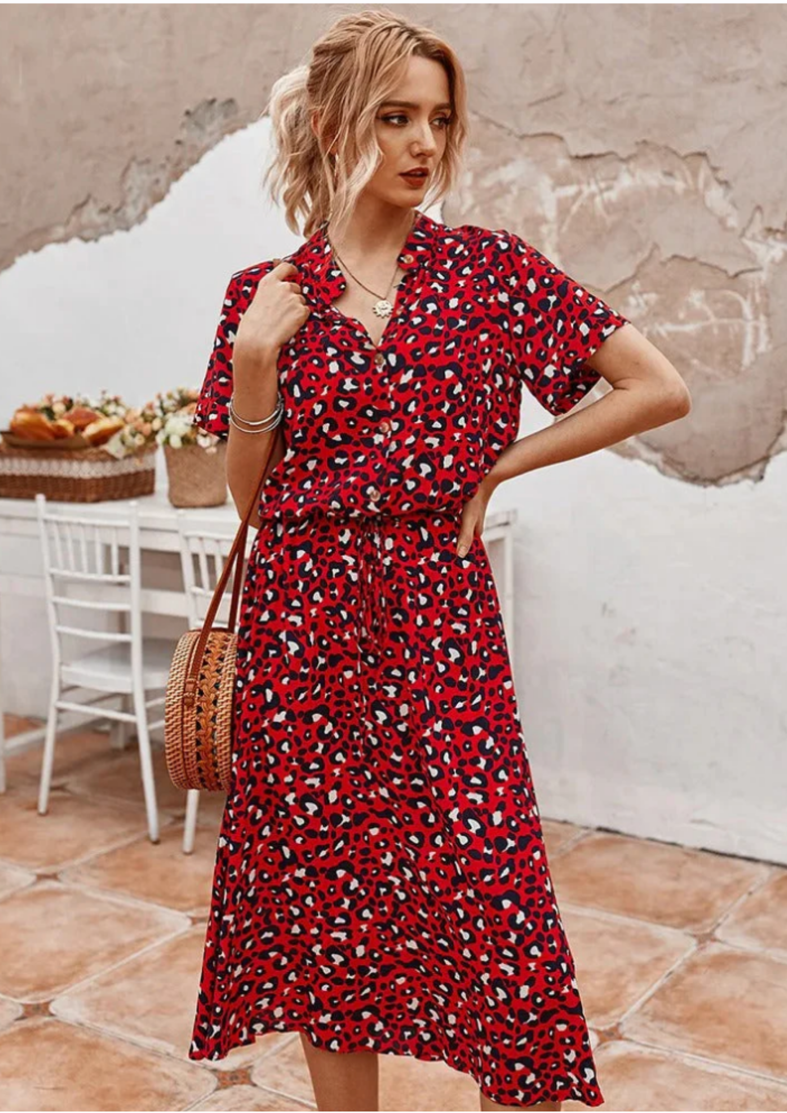 Women's Spotted Print Button-Down Midi Dress – Zalumo