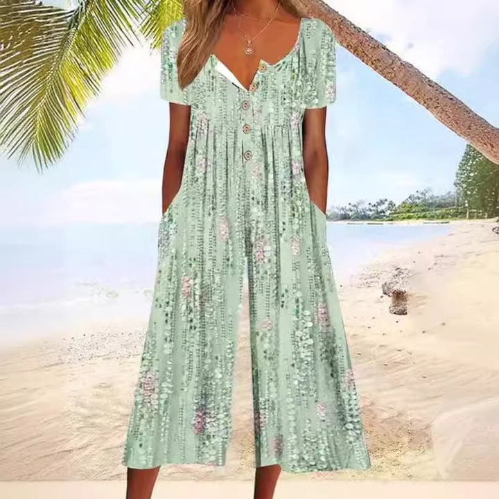 Women's Leaf Print V-Neck Short Sleeve Wide Leg Jumpsuit – Zalumo