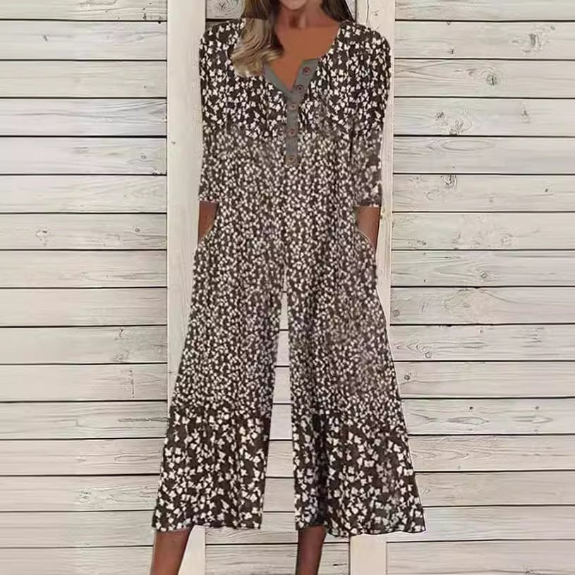 Women's Leaf Print V-Neck Short Sleeve Wide Leg Jumpsuit – Zalumo