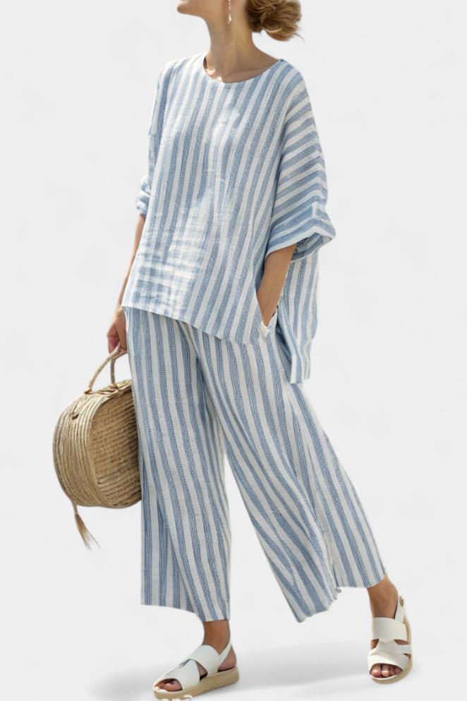 Women's Striped Casual Top & Wide Leg Pants Set – Zalumo