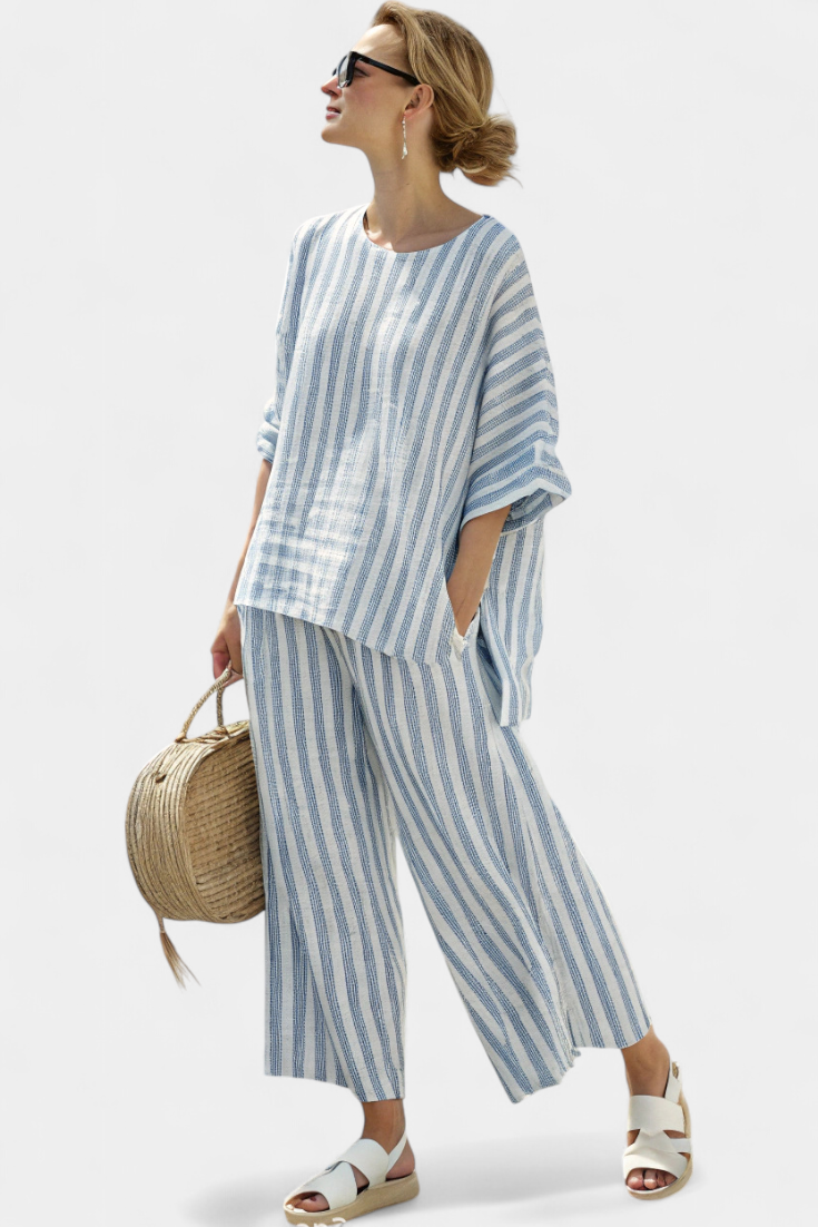 Women's Striped Casual Top & Wide Leg Pants Set – Zalumo