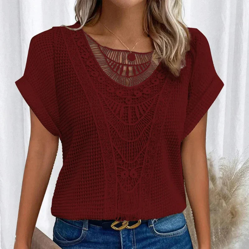 Top with Round Neck and Lace Trim – Zalumo