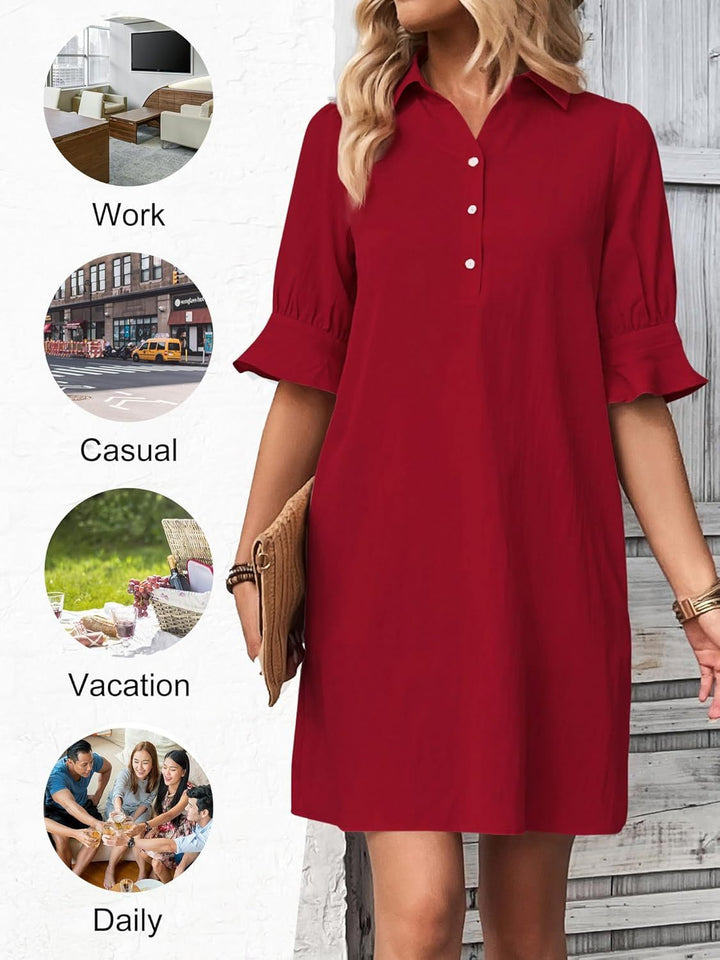 Women's Button-Down Shirt Dress 3/4 Sleeve Knee Length – Zalumo