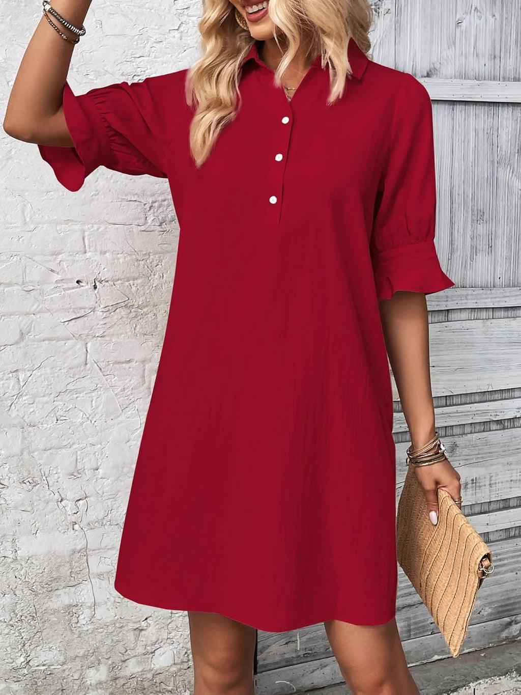 Women's Button-Down Shirt Dress 3/4 Sleeve Knee Length – Zalumo