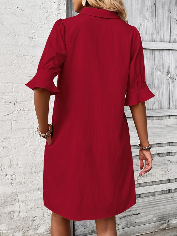 Women's Button-Down Shirt Dress 3/4 Sleeve Knee Length – Zalumo