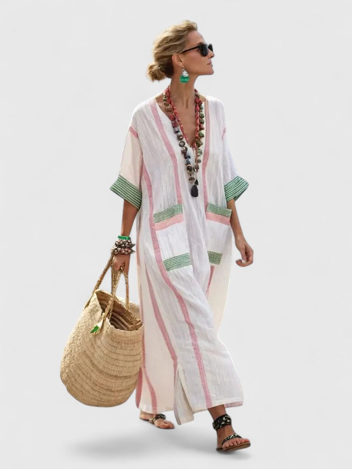 Women's V-Neck Kaftan Maxi Dress with Stripe Detail – Zalumo