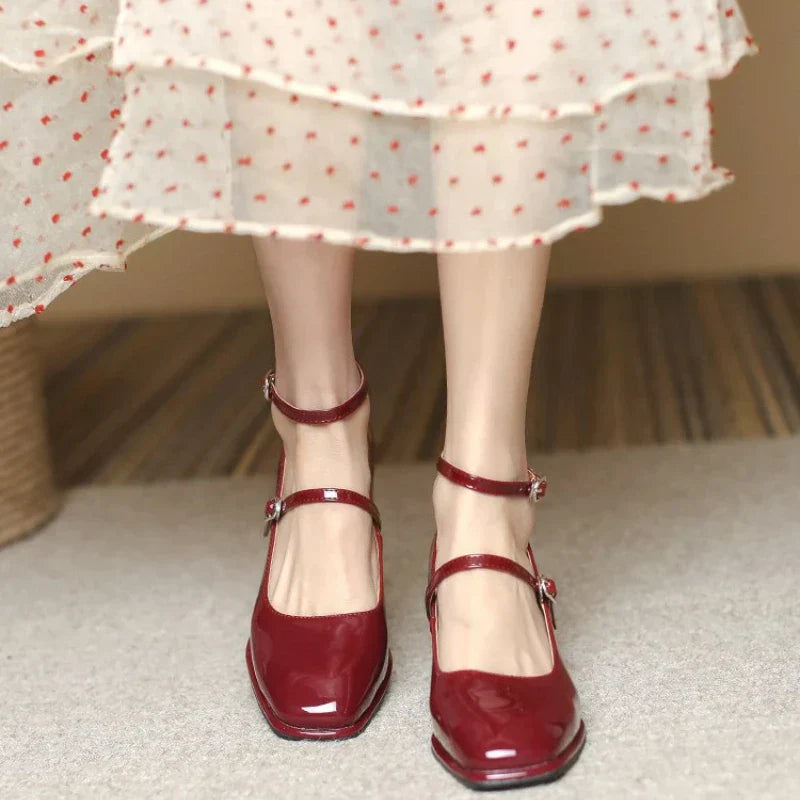 Women's Ankle Strap Block Heel Pumps Square Toe Mary Jane – Zalumo