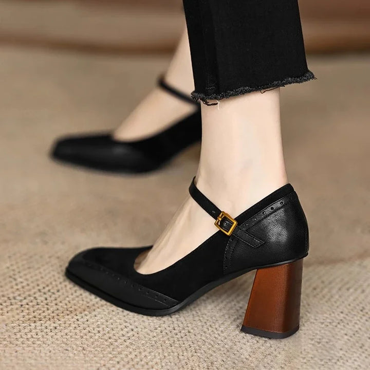 Women's Square Toe Block Heel Pumps Ankle Strap Brogue – Zalumo