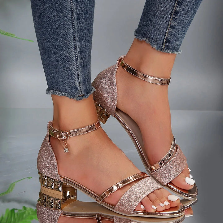Women's Block Heel Ankle Strap Sandals with Gold Detail – Zalumo