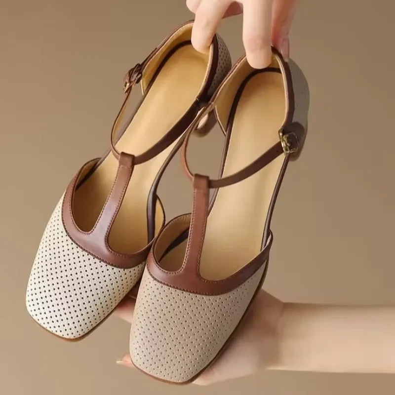 Women's T-Strap Block Heel Shoes Square Toe Mid Heel Pumps – Zalumo