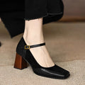 Women's Square Toe Block Heel Pumps Ankle Strap Brogue – Zalumo