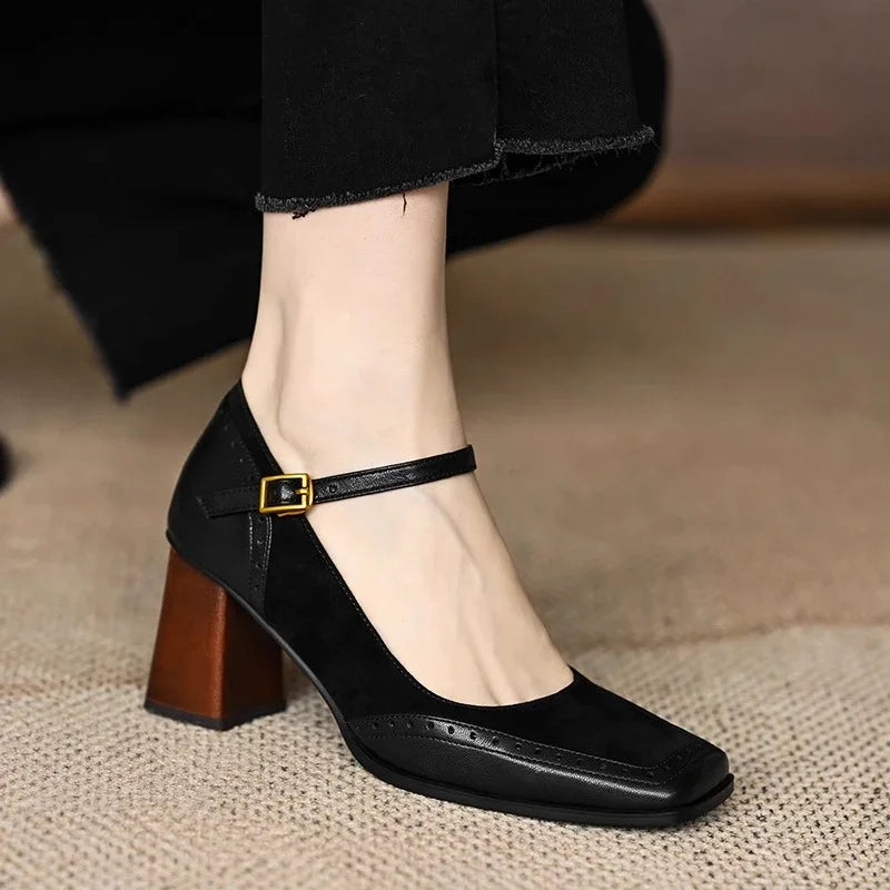 Women's Square Toe Block Heel Pumps Ankle Strap Brogue – Zalumo