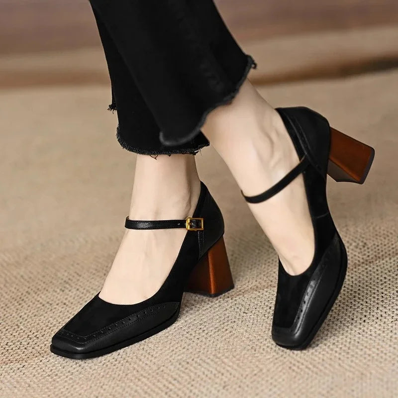 Women's Square Toe Block Heel Pumps Ankle Strap Brogue – Zalumo