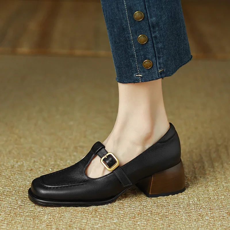 Women's T-Strap Mary Jane Shoes Square Toe Low Block Heel – Zalumo