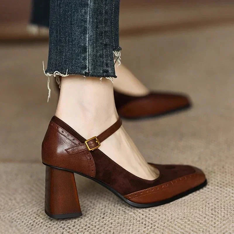 Women's Square Toe Block Heel Pumps Ankle Strap Brogue – Zalumo