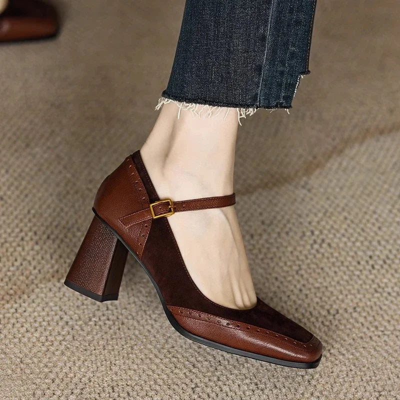 Women's Square Toe Block Heel Pumps Ankle Strap Brogue – Zalumo