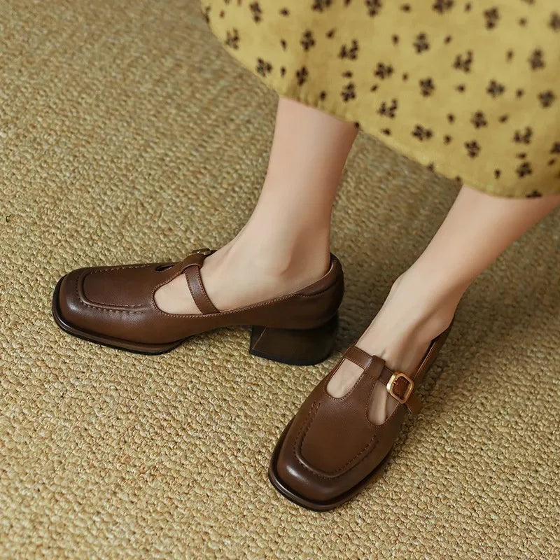 Women's T-Strap Mary Jane Shoes Square Toe Low Block Heel – Zalumo