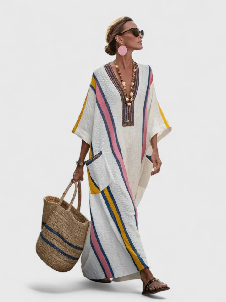 Women's V-Neck Kaftan Maxi Dress with Stripe Detail – Zalumo
