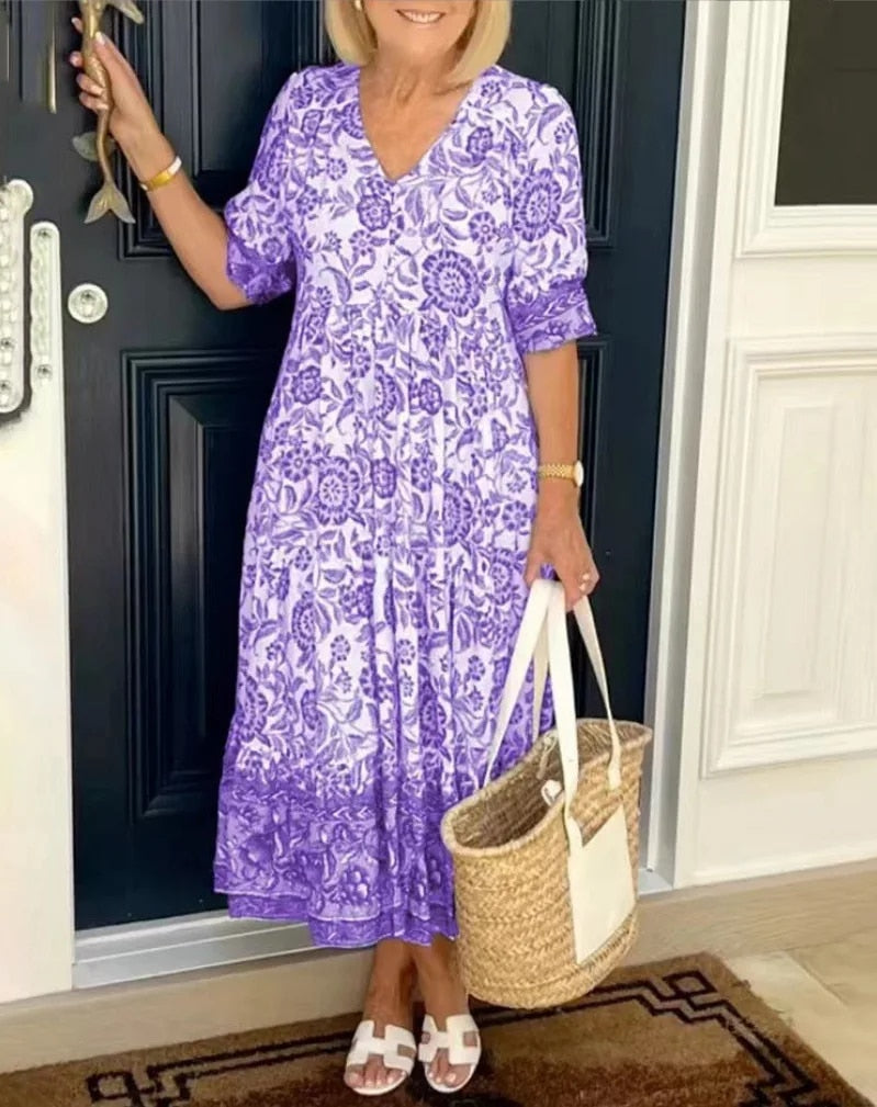 Elegant Floral Dress with V-Neck – Zalumo