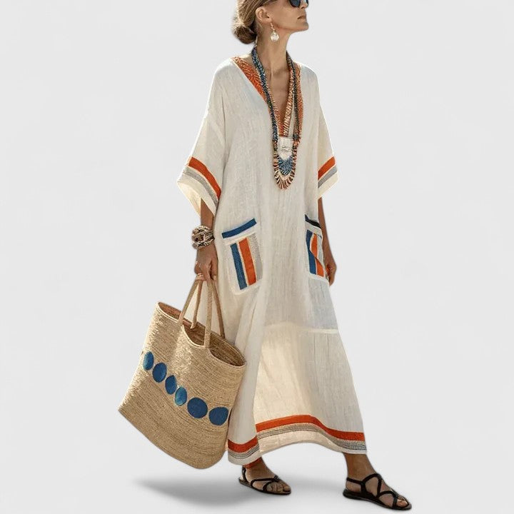 Women's V-Neck Striped Linen Maxi Dress with Pockets – Zalumo