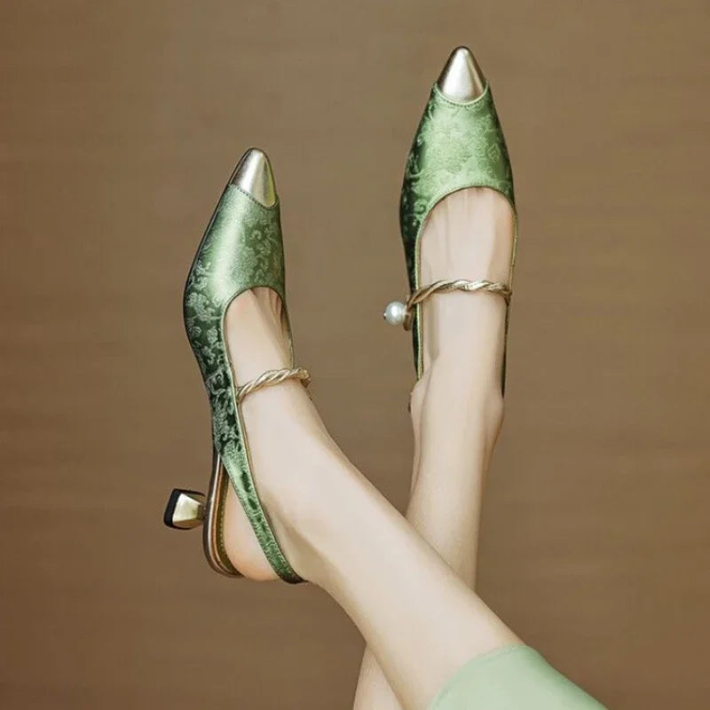 Women's Pearl Strap Slingback Kitten Heels Pointed Toe Pumps – Zalumo