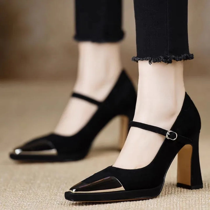 Women's Mary Jane High Heel Pumps Cap Toe Block Heel Strap – Zalumo