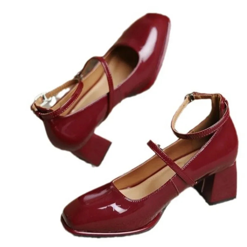 Women's Ankle Strap Block Heel Pumps Square Toe Mary Jane – Zalumo