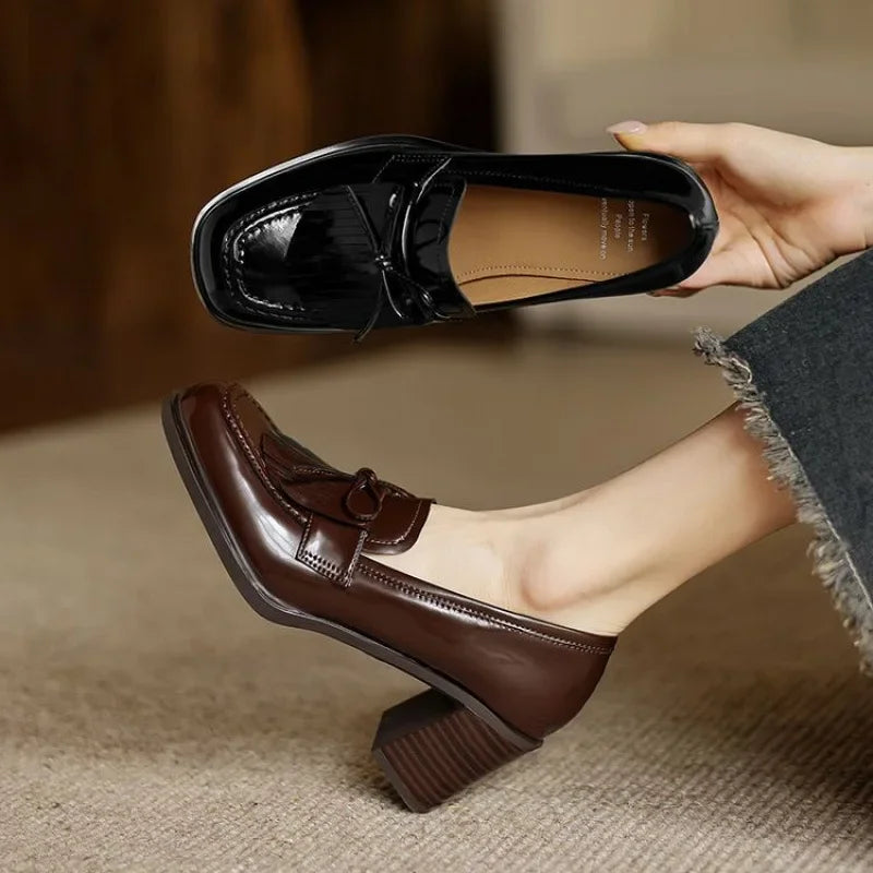 Women's Tassel Loafer Pumps Block Heel Round Toe Heels – Zalumo