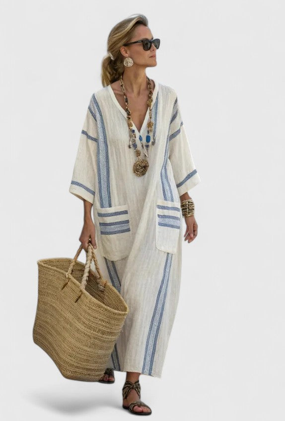 Women's V-Neck Kaftan Maxi Dress with Stripe Detail – Zalumo