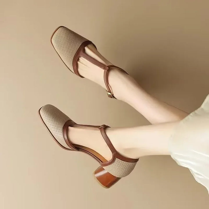 Women's T-Strap Block Heel Shoes Square Toe Mid Heel Pumps – Zalumo