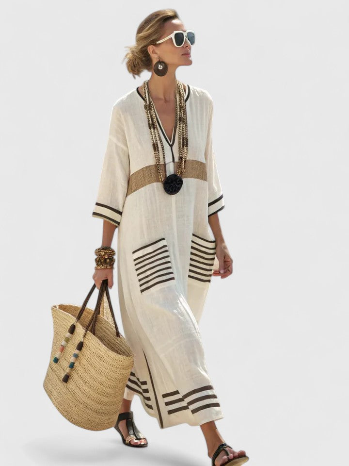 Women's V-Neck Kaftan Maxi Dress with Stripe Detail – Zalumo