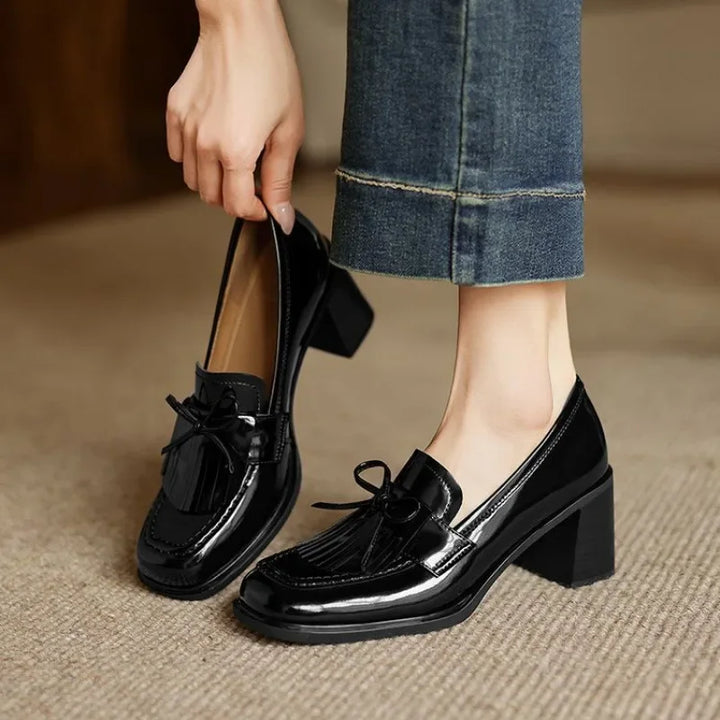 Women's Tassel Loafer Pumps Block Heel Round Toe Heels – Zalumo