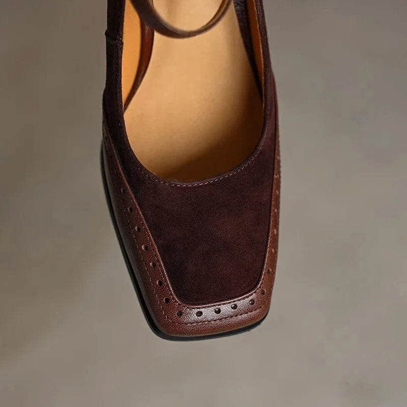 Women's Square Toe Block Heel Pumps Ankle Strap Brogue – Zalumo