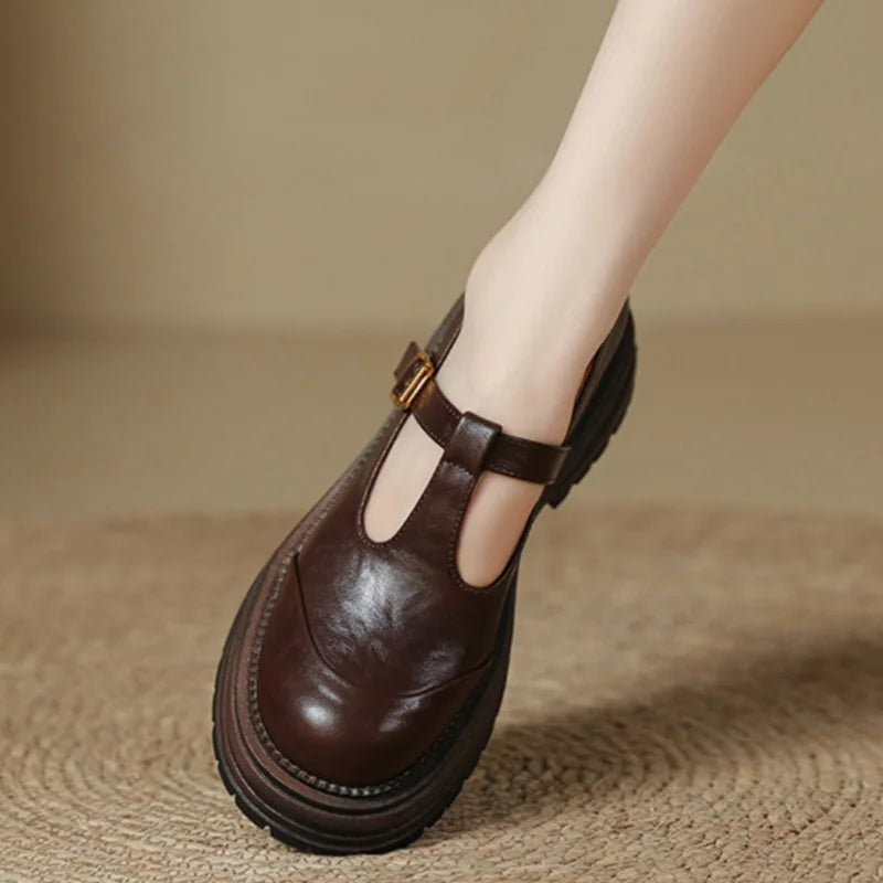 Women's T-Bar Mary Jane Shoes Round Toe Brogue Low Heel – Zalumo
