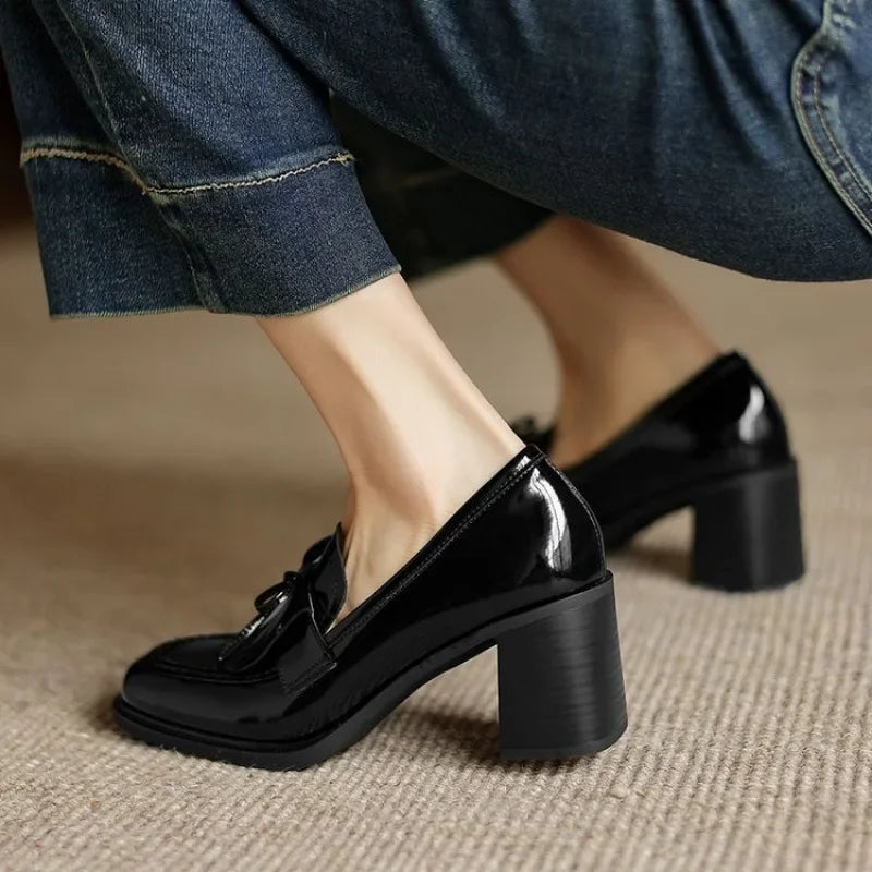 Women's Tassel Loafer Pumps Block Heel Round Toe Heels – Zalumo