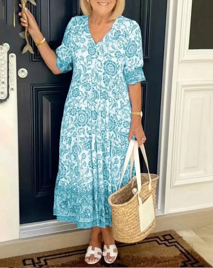 Elegant Floral Dress with V-Neck – Zalumo