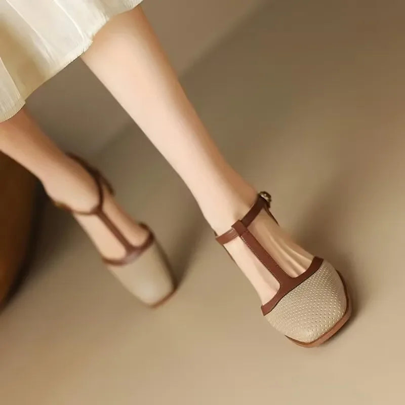 Women's T-Strap Block Heel Shoes Square Toe Mid Heel Pumps – Zalumo