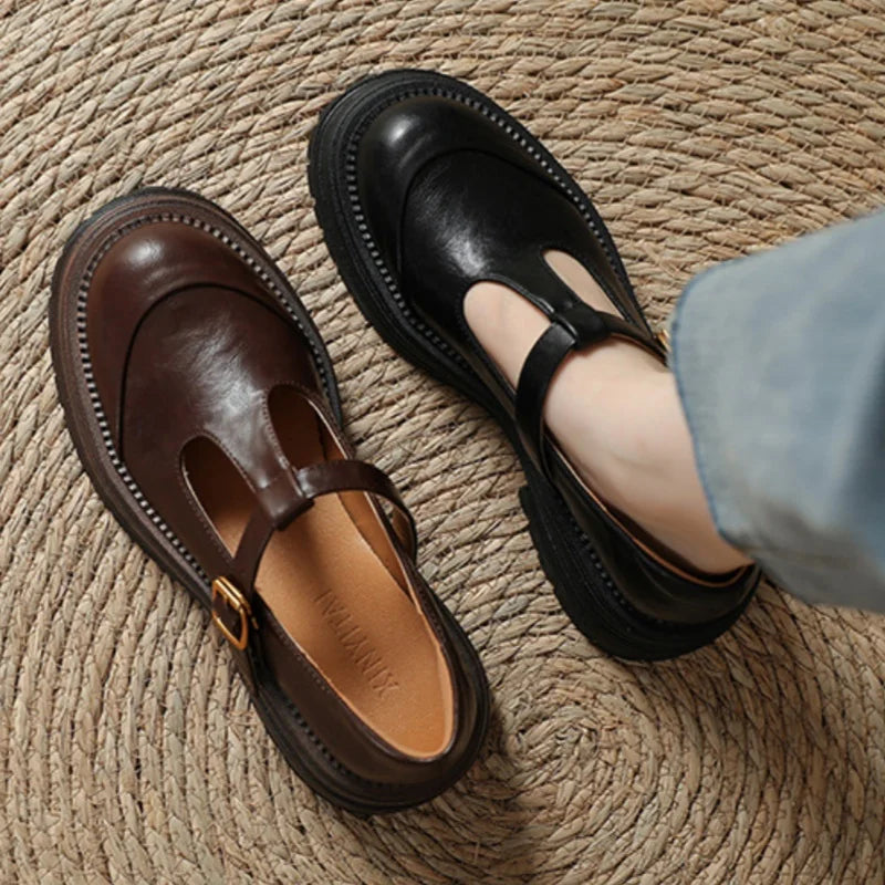 Women's T-Bar Mary Jane Shoes Round Toe Brogue Low Heel – Zalumo