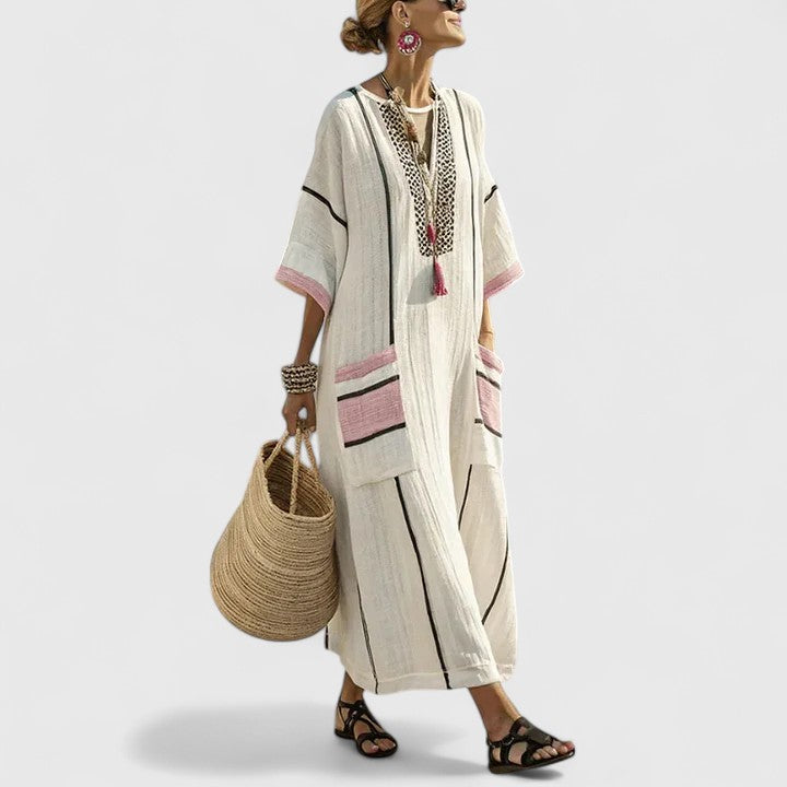 Women's V-Neck Striped Linen Maxi Dress with Pockets – Zalumo