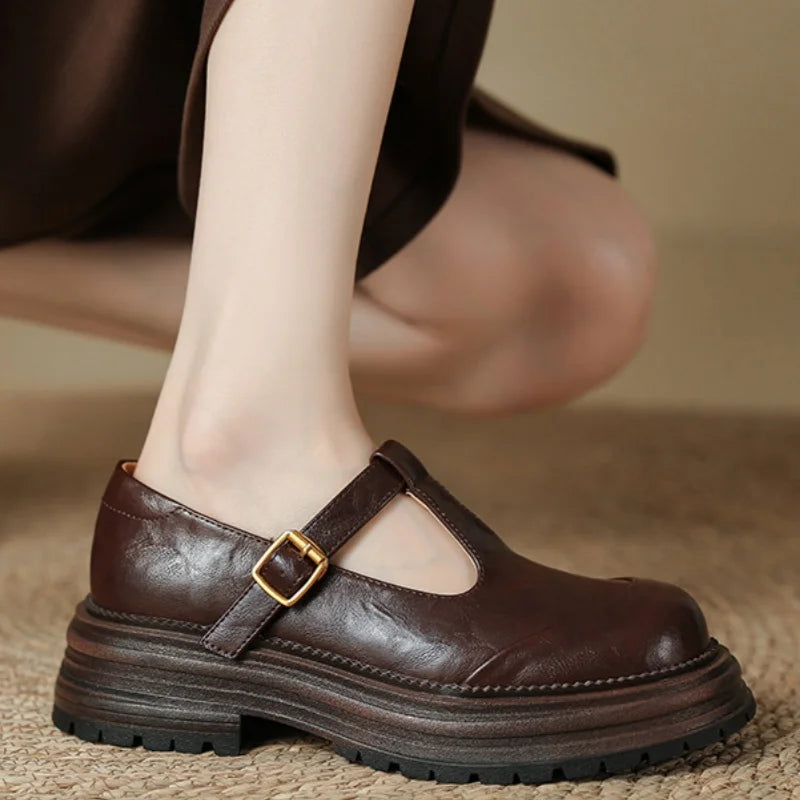 Women's T-Bar Mary Jane Shoes Round Toe Brogue Low Heel – Zalumo