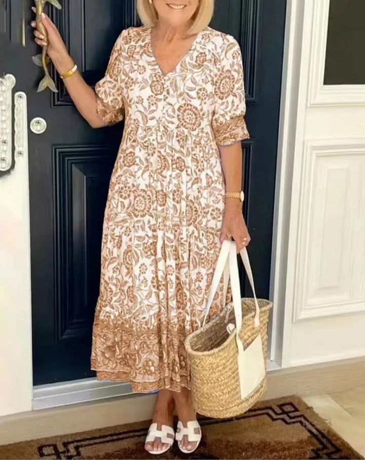 Elegant Floral Dress with V-Neck – Zalumo