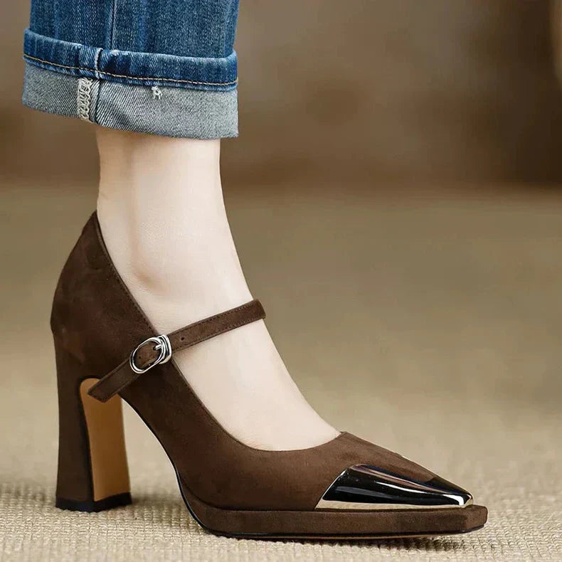 Women's Mary Jane High Heel Pumps Cap Toe Block Heel Strap – Zalumo