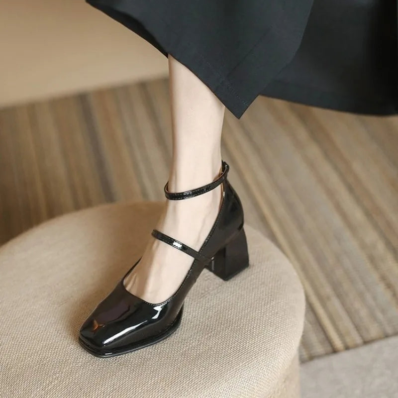 Women's Ankle Strap Block Heel Pumps Square Toe Mary Jane – Zalumo