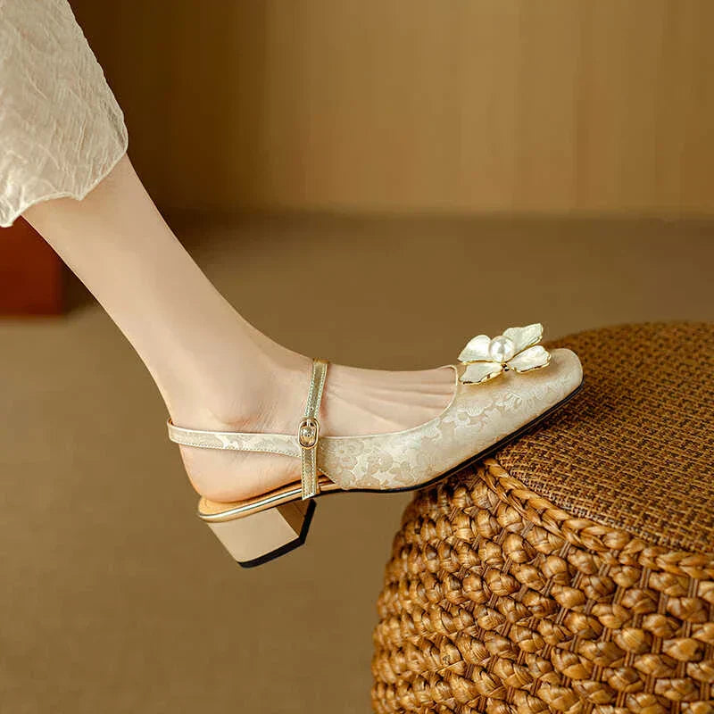 Women's Floral Slingback Pumps Square Toe Block Heel Shoes – Zalumo