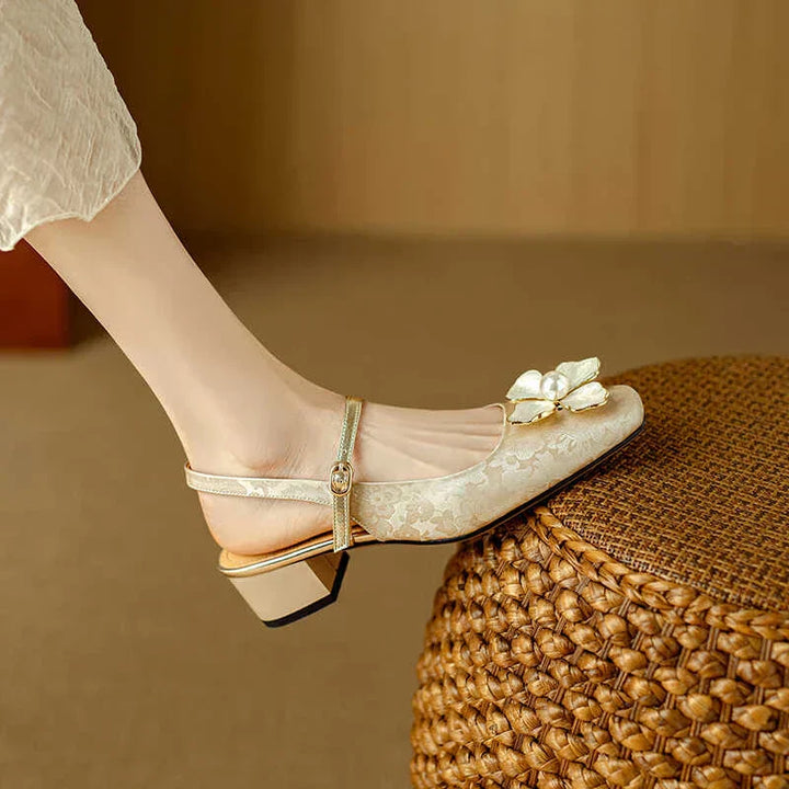 Women's Floral Slingback Pumps Square Toe Block Heel Shoes – Zalumo