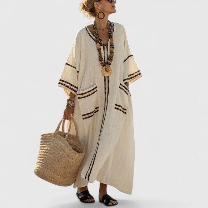 Women's V-Neck Striped Linen Maxi Dress with Pockets – Zalumo