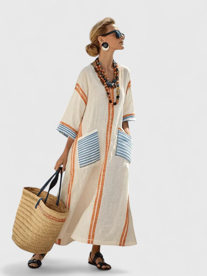 Women's V-Neck Kaftan Maxi Dress with Stripe Detail – Zalumo