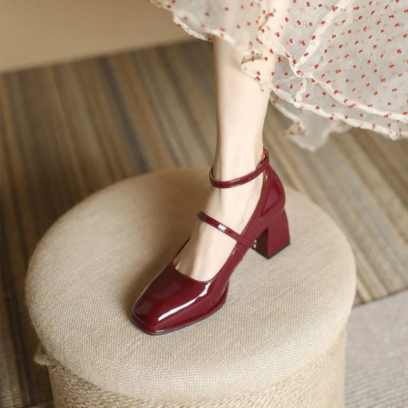 Women's Ankle Strap Block Heel Pumps Square Toe Mary Jane – Zalumo