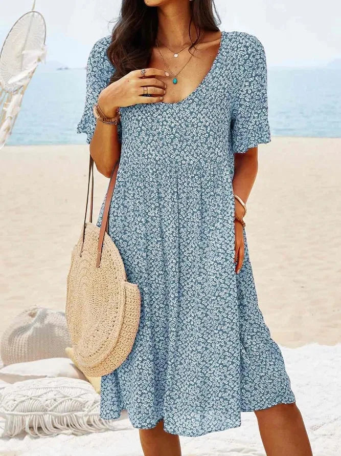 Women's Ditsy Floral V-Neck Short Sleeve Smock Dress – Zalumo